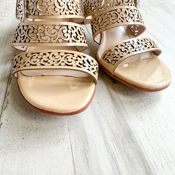 BRIGHTON Tinsel Leather Strappy High Heel Open Toe Beige Sandals Womens Size 7.5 - Picture 10 of 16